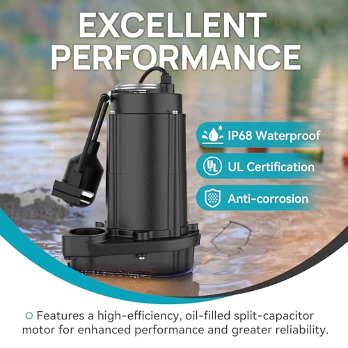 BOMGIE 1/2 HP Sewage/Effluent Pump, 6020 GPH Submersible Basement Sewer Pump with 10ft Auto Float Switch, Cast Iron, 2\'\' NPT for Sewage Basin, 115V SWU-500SE-CT - Thumbnail 5