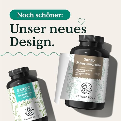 NATURE LOVE® Sango Meereskoralle - 180 Kapseln - Natürliche Quelle für Calcium (20%) und Magnesium (10%) im körpereigenen Verhältnis von 2:1 - laborgeprüft und in Deutschland produziert.