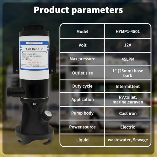 Image of 12V DC Macerator Pump - 12 GPM (45LPM), Marine Toilet Waste Electric Caravan with Garden Hose Discharge Port, Quick Release Sewage Pump with Fresh Water Rinse and Manual Crushing Function (HYMP1-4501)