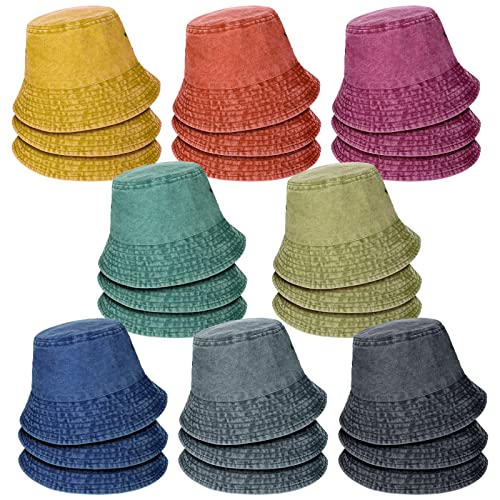 Sureio 24 Pcs Washed Cotton Bucket Hats Bulk for Women Men Wide Brim Packable Summer Outdoor Cap Unisex Travel Beach Fishing Hiking Sun Hats Multicolor Bucket Cap for Adult