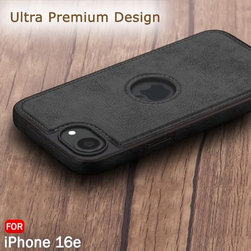Image of TheGiftKart Genuine Leather Finish Back Cover Case for iPhone 16e | Shockproof Design | Raised Edges for Camera & Screen Protection | Stunning Minimalist Design Case Cover (Black Sides, Black)