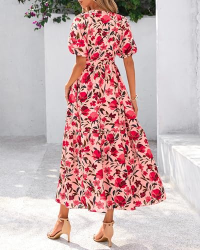 BTFBM Summer Dresses for Women 2026 Boho Short Sleeve V Neck Button Belt Flowy Spring Clothes Beach Vacation Maxi Dress(Floral Red Orange Pink, X-Large) — view 3