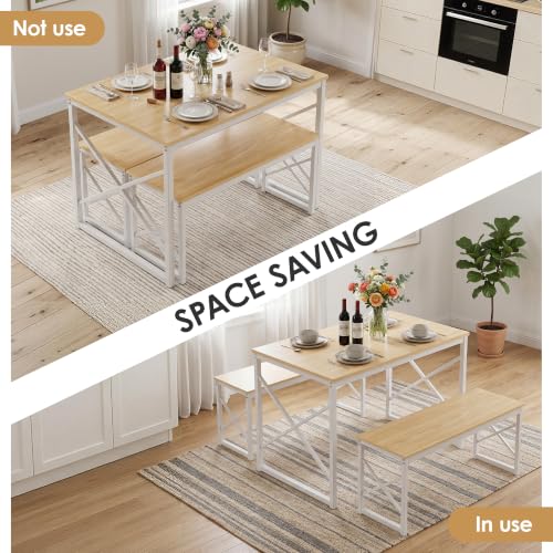 Image of VECELO 43.3 inch Kitchen Dining Table Set for 4, Heavy-Duty Steel Frame & Wood-Grain Tabletop, Space-Saving Dinette Sets with 2 Benches for Breakfast Nook and Small Space, Natural Wood