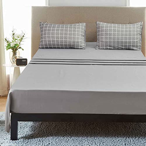 Queen Bed Sheet Set 4 Pcs, Grey Grid / Gray Plaid Geometry Pattern Soft Microfiber Bedding Sets - Flat Sheet 90X102, Fitted Sheet 60X80 And 14 Inch Pocket, 2 Pillowcases, Modern Style For Women Men #TOP8
