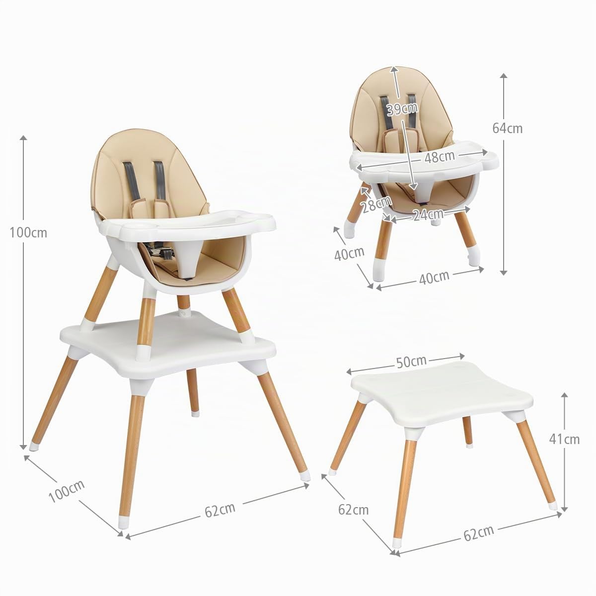 LIFEZEAL Tronas 2 en 1 de bebés, silla de comer, asiento elevador con con cinturón de seguridad y bandeja extraíble, trona transformable en mesa y silla, apto de 6 meses a 3 años (Caqui)