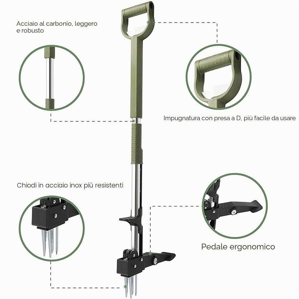 Estrattore telescopico per erbacce, lunghezza: 99 – 119 cm, in acciaio inox, con manico lungo con 4 artigli e pedana per piante spinose, strumento per rimuovere erbe, risparmio di