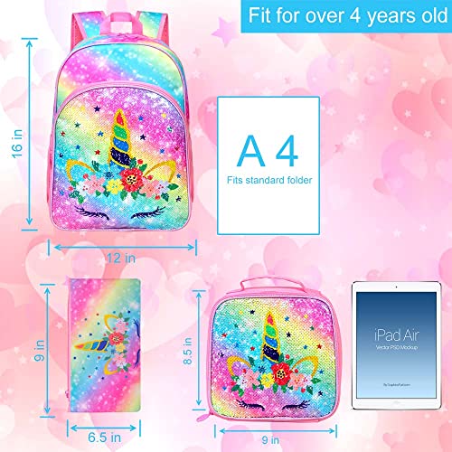 Ccjpx 3Pcs Unicorn Backpack For Girls, 16” Kids Sequin Bookbag And Lunch Box For Kindergarten Elementary #TOP2