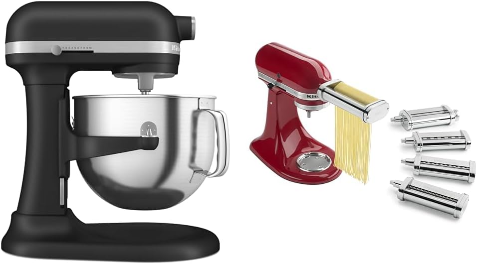 7 Quart Bowl-Lift Stand Mixer, Cast Iron Black & KSMPDX Pasta Deluxe Set Stand Mixer Attachment, 5 Piece, Stainless Steel