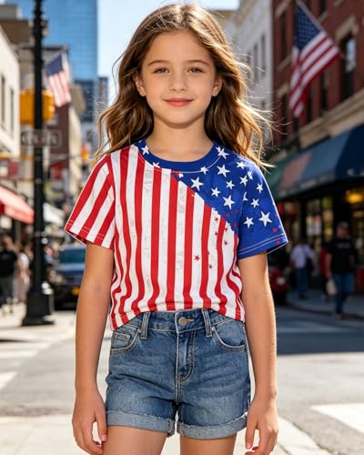 Image of Tkria Girl Crop Tops July 4th Crewneck Tshirt American Flag Patriotic USA Flag Girls Outfit Clothes Size 6-14