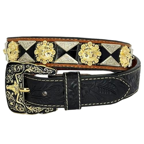West Star Texas Western Concho Belt for Men & Women - Genuine Leather Tooled Belt with Longhorn Conchos (Black Size L)