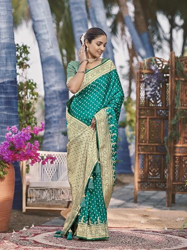 Image of MANOHARI Women's Trendy Banarasi Satin Silk Woven Saree with Heavy Jacquard Work, Elegant Design, Silk Saree with Maching Lace Border Unstitched Blouse Piece for Weddings & Festive Occasions