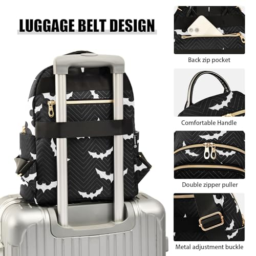 Image of Women Fashion Backpack Purse Halloween Bat Gothic Rucksack, S | Casual Lightweight Quilted Daypack Ladies Bag for College Travel Work