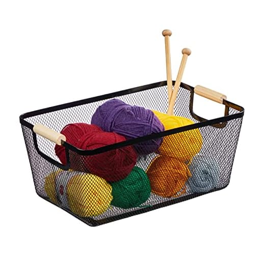 Relaxdays Alambre Cesta de Almacenaje Asas Madera, Rectangular, Caja Organizadora Metal, 16,5x37x22,5cm, Cocina, Baño, Negro, 70% Acero 30%, 16.5 x 37 x 22.5 cm