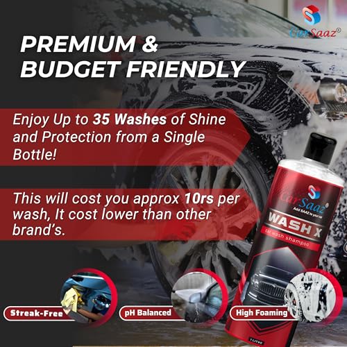 Image of CAR SAAZ Wash X Car & Bike Wash Shampoo (1 Ltr) | Premium Wash & Shine Car Shampoo | Safe for All Paint Types | Thick Foam, Super Suds, pH Balanced, Shine Enhancing Formula | Clean & Protect (1000ml)
