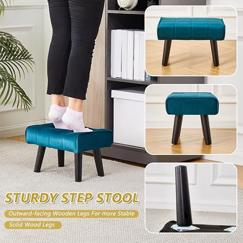 Image of Wood Modern Legs, Velvet Ottoman, Puffy Seating, Footrest, and Stool Two Contemporary stepstools for The Living Area, Bedroom, and Sofa (Set of 2 Aqua)