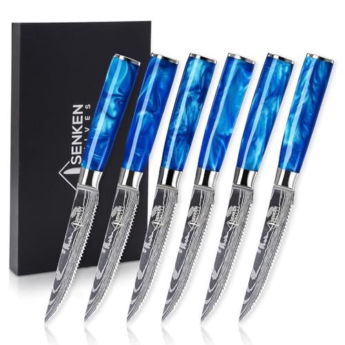 SENKEN Professional Steak Knife Set with Engraved Damascus Pattern, Razor Sharp Blade, High Carbon Stainless Steel with Beautiful Gift Box, Blue & Red Resin Handles