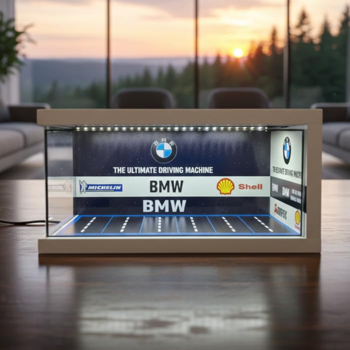Art Monk Premium LED Car Showroom Diorama Display Case ? BMW Racing Garage Theme | Wooden Frame Diecast Model Car Display Box | Compatible with 1:18 & 1:24 Scale Models-image-35
