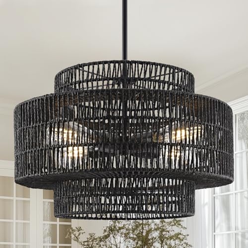 Image of 4-Light Black Boho Rattan Chandelier Light Fixture, 17.7 inch Hand Woven Rustic Chandeliers Farmhouse Chandelier Hanging Light for Dining Room Kitchen Island, Living Room, Foyer