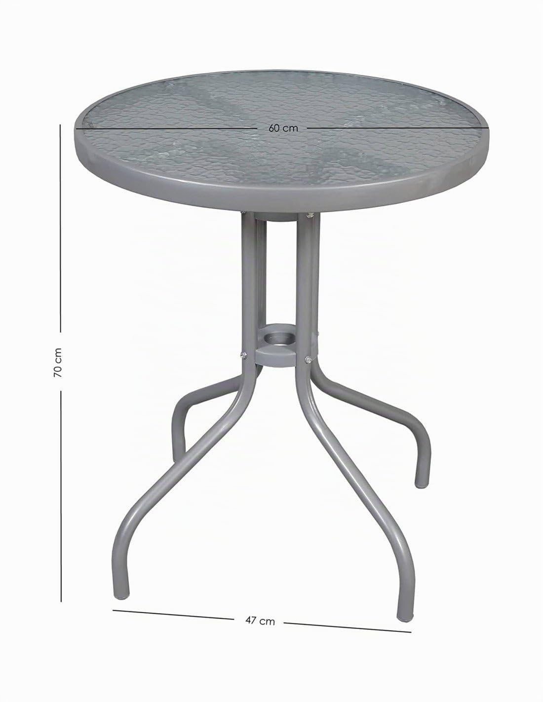Jardin202 - Mesa de Cristal Redonda con Base metálica | Ideal para Terraza, Jardín o Balcón | 60x70cm | (Gris)