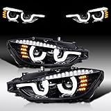 Autozensation Compatible with 2012-2015 BMW F30 3-Series Sedan Jet Black U-Halo HID Type Projector Headlights with LED Strip Headlamps Assembly