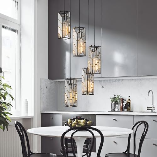 Image of Black Pendant Lighting Modern Pendant Light, Mini Crystal Chandeliers,Adjustable Pendant Light Fixture for Kitchen Island Dinning Room Bedroom (5 Light)