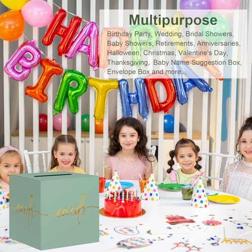 Image of Sage Green Card Box with Gold Foil Design, Paperboard 8.7 inch Card Box for Birthday Wedding Party Graduation Retirement Anniversary Valentine's Day & Baby Showers, Raffle or Money Box