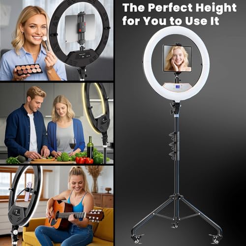 18" Foldable Ring Light with Stand for iPhone ipad Camera, 75" Tripod with Wheels 38W 6500K LED Display/Remote/2 USB Ports Large Big Ringlight Rolling for YouTube Facebook TikTok Live Video Recording