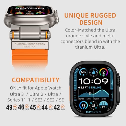 Image of FOAMUNOC Rugged Band Compatible with Apple Watch Ultra 3 /2 /1 Band 49mm /46mm /45mm /44mm /42mm, Metal Connector with Strap for iWatch Ultra Series 11 /10 /9 /8 /7 /6 /SE3 /SE2 /SE /5 /4 /3 /2 /1, Orange /Titanium