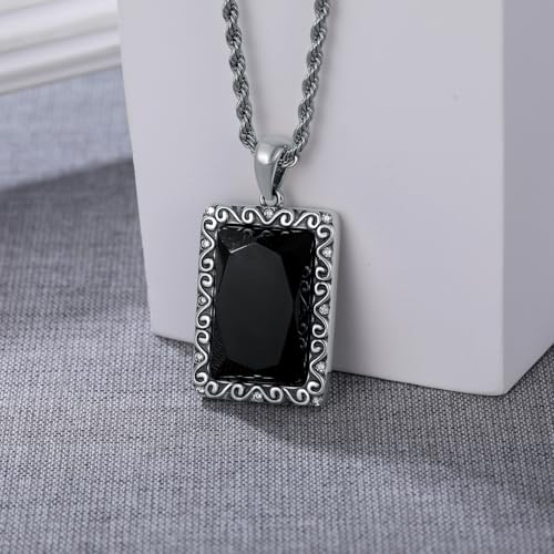 Black Onyx Necklace S925 Sterling Silver Black Onyx Gemstone Vintage Retro Handmade Silver Black Onyx with Cubic Zircon Jewelry Gift for Women Men Her Him4