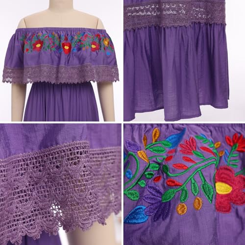 Image of ABEHIK Mexican Dress for Women Traditional Off Shoulder Embroidered Present Casual Lace Long Maxi Dress Cinco de Mayo Outfit