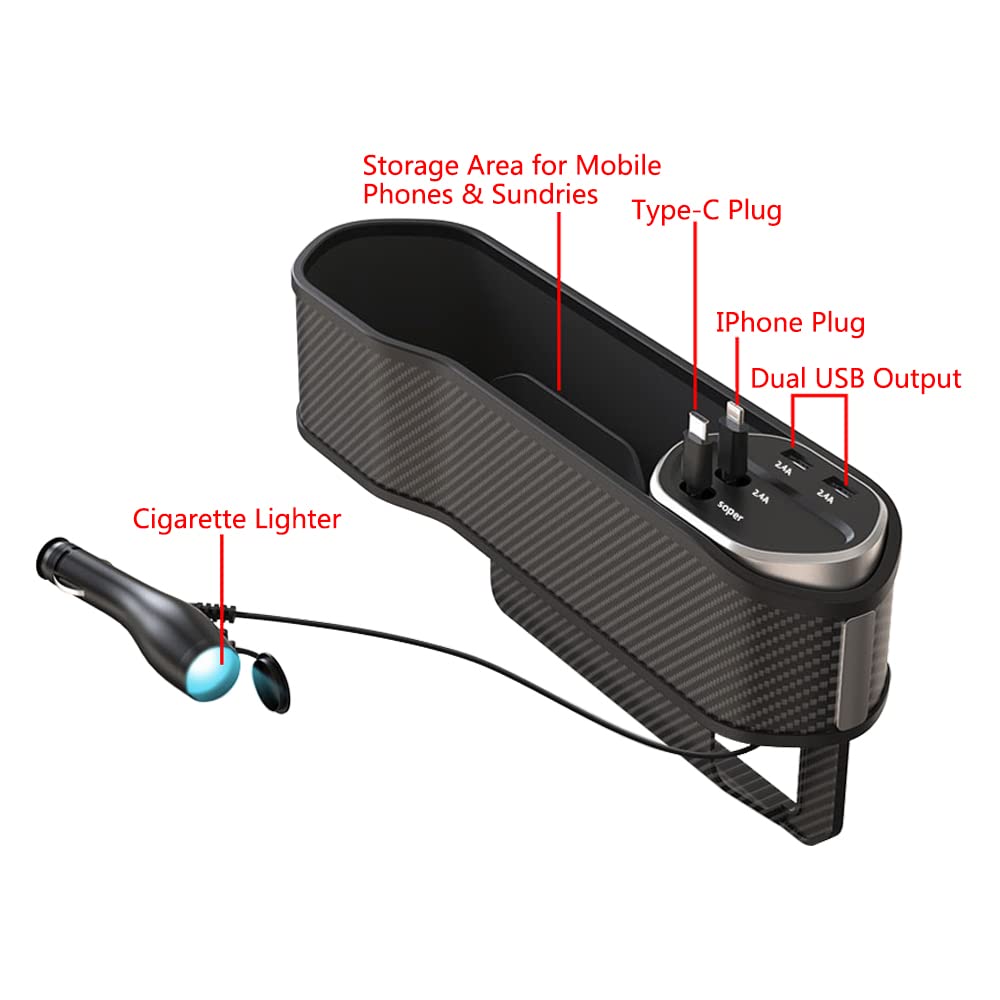 Riloer Organizador de asiento de coche multifuncional con soporte pequeño para vasos, organizador de relleno de brecha para asientos delanteros con 2 puertos USB