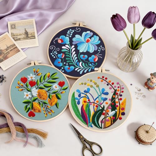 Image of Uniartfy 3 Pack Embroidery Starter Kit for Beginners, Stamped Cross Stitch Kits for Adults with Flowers Plants and Fruits Patterns with 1 Embroidery Hoop and Color Threads, Handmade Needlepoint Kits