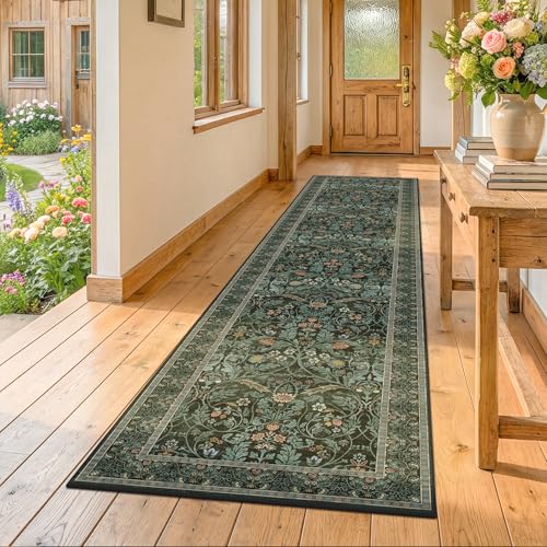 2x10 Long Hallwag Runner Rug 10ft, Washable Dark Green Indoor Floor Mats for Entryway Non Slip, Flower & Botanical Pattern Stain Resistant Carpet 2' x