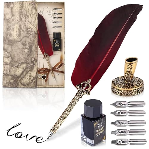 Kotko Classic Goose Feather Pen and Ink Set - Old Fashion Red Feather Quill Pen and Ink Set with...