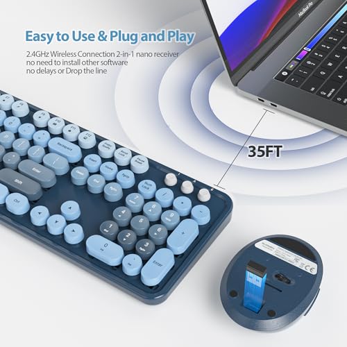 Image of Fogruaden Blue Keyboard and Mouse Wireless, Retro Typewriter Keyboard, 2.4GHz 104 Keys Full Size Cute Keyboard with Number Pad, Gradient Colorful Round Keycaps for Windows PC Desktops Laptop