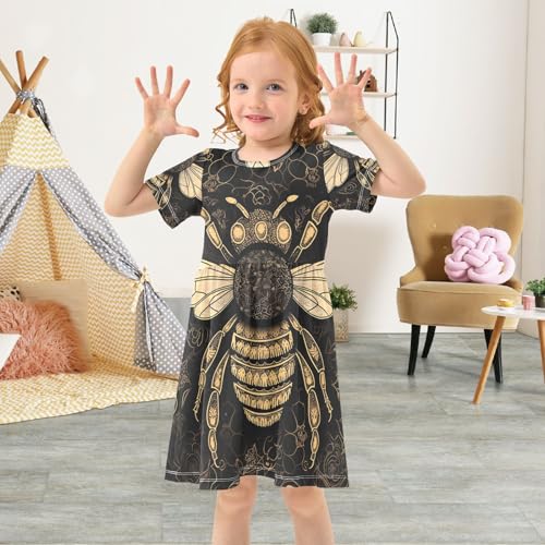 Girls Summer Dress Yellow Bee on Black Toddler Short Sleeve Dress Casual Kids Dress, 2T4