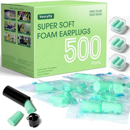 VeoryFly 500 Pairs Foam Ear Plugs Bulk Individually Wrapped 32dB