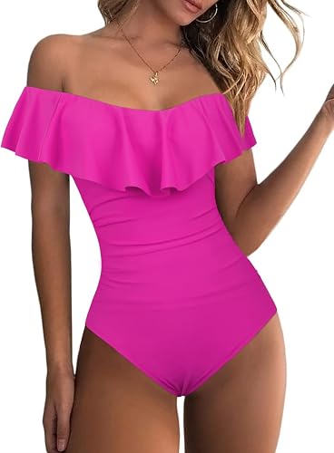 Hilor Womens Lace Up One Piece Swimsuit Off Shoulder Tummy Control Swimwear Sexy