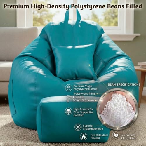 Image of KAM'S LIEU 5XL Luxury Faux Leather Bean Bag with Footrest & Cushion | Pre-Filled High-Density Polystyrene Beans | Premium Leatherette | 6 Months Warranty Color- (Aqua, with Footrest)