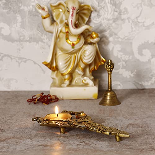 Image of eCraftIndia Golden Ethnic Carved Brass Diya with Handle for Pooja Room and Temples- Diwali Decoration Items for Home Decor- Gift for Diwali Housewarming