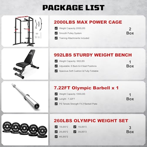 Image of JELENS S11 Power Cage, 2000LB Multi-Function Power Rack with LAT Pulldown, Squat Rack with Adjustable Pulley System and Training Attachments, Weight Rack for Home Gym