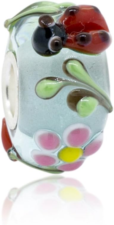 Spring Lady Bug Flower Blue Murano Glass 925 Sterling Silver Core Bead Fits Pandora Charm Bracelet