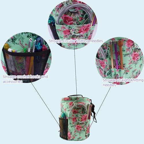 Image of WAZAIGUR Green Flowers Pattern Large Capacity Multifunctional Crocheting Knitting Project Bag Strong Yarn Storage Organizer Bag Tote Travel Crochet Needles Bag