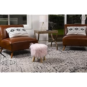 Birdrock home faux fur foot stool ottomanupholstered vanity chair wnatural wood legs soft compact padded seat for makeup room living room bedroomdecorative accent furniturepink  urban country home decor