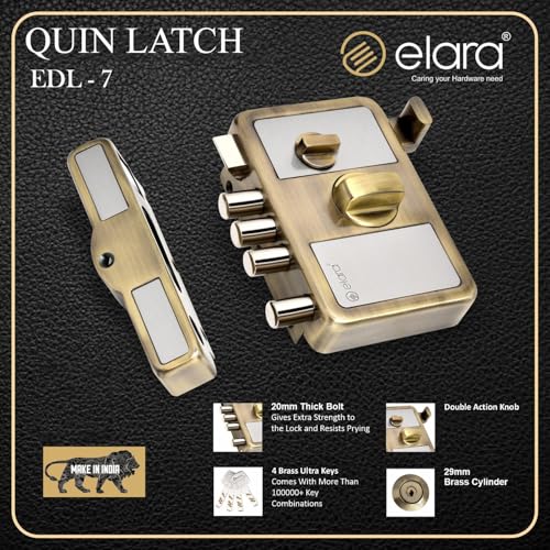 Image of Elara Quinlatch Deadbolt for Main Door, Suitable for Right and Left Handed Doors, Inside Opening Wooden Door Lock with 3 Reversible Brass Keys (Antique Finish, EDL-07)