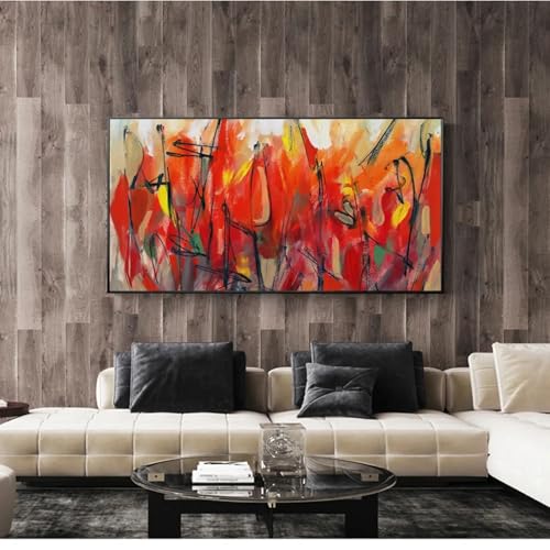 Toile abstraite fleurs rouge pour décoration salon moderne encadrée 55x110cm