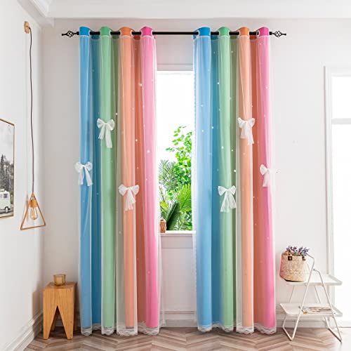 Image of Yancorp Curtains for Girls Bedroom Kids Curtain Hollow-Out Star Window Nursery Curtain 63 inches Length Room Darkening Grommet 2 Layers (Four Colors-R, W52 X L63)
