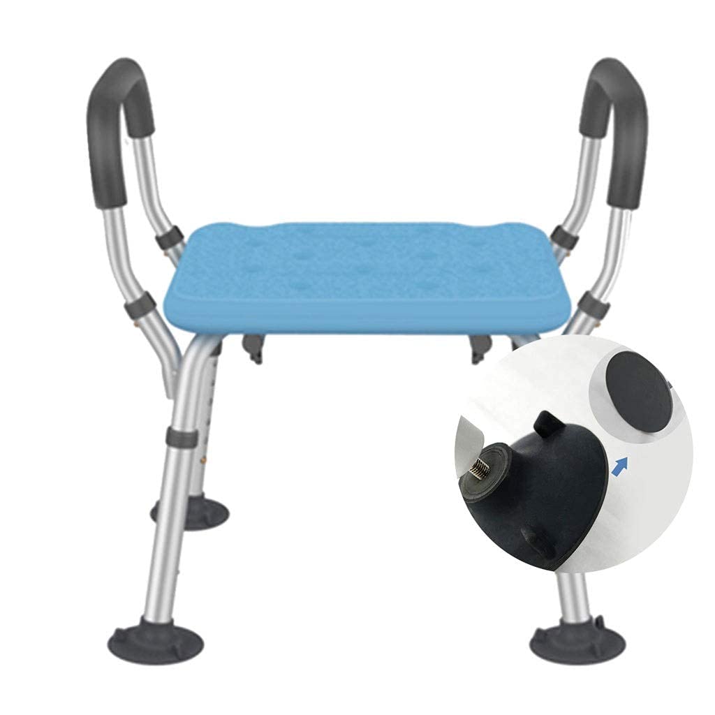 Großer Saugnapf-Duschstuhl für ältere Menschen, abnehmbare Armlehne, höhenverstellbar, medizinische Versorgung, einfache Montage, blau, Tragkraft: 150 kg