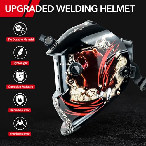 TRQWH Welding Helmet Auto Darkening Welding Hood with Light True Color 1/1/1/2 Top Optical Clarity Wide Shade 9-13 Welder Helmet Welding Mask with Grinding (KTS-HD105)