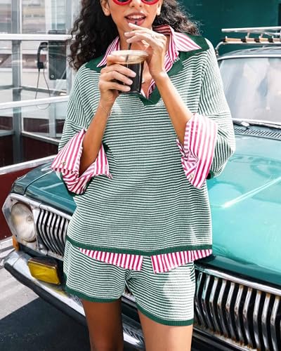 Image of Tankaneo Womens Sweater Set 2 Piece Outfits Oversized 3 /4 Sleeve V Neck Knit Tops High Waisted Shorts Lounge Sets